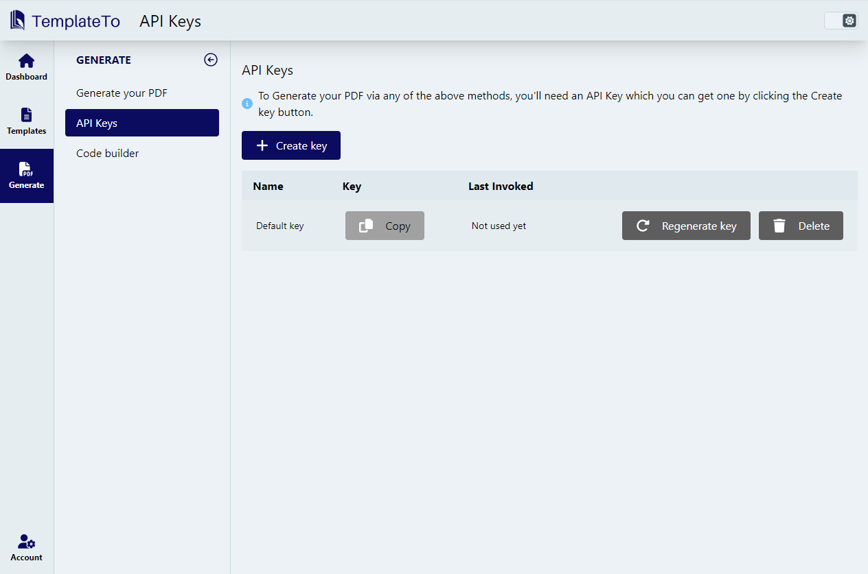API key management page